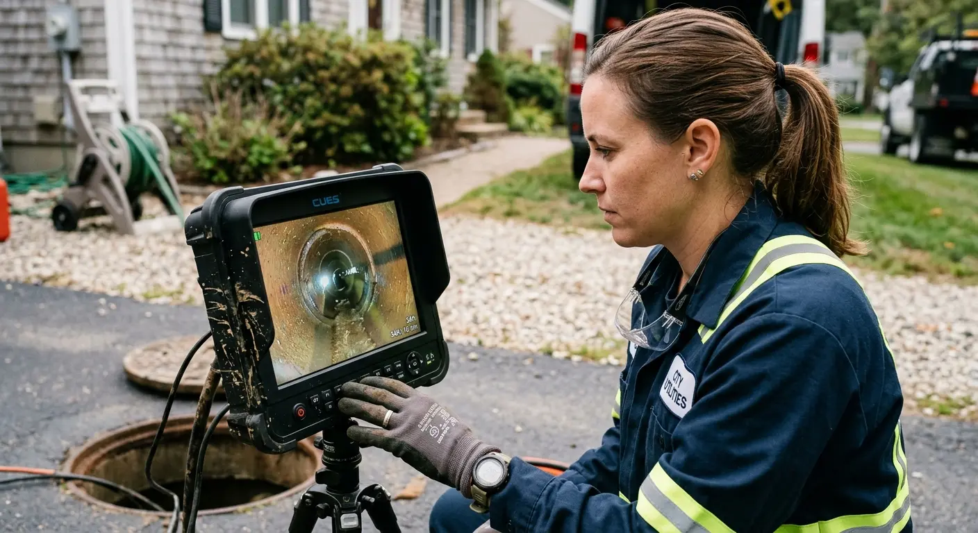 Technician reviewing sewer camera inspection footage in Westampton