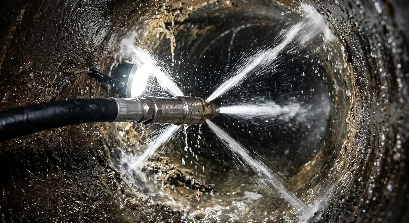 High-pressure hydro jetting nozzle cleaning sewer pipe for Emergency Drain Service in Westampton