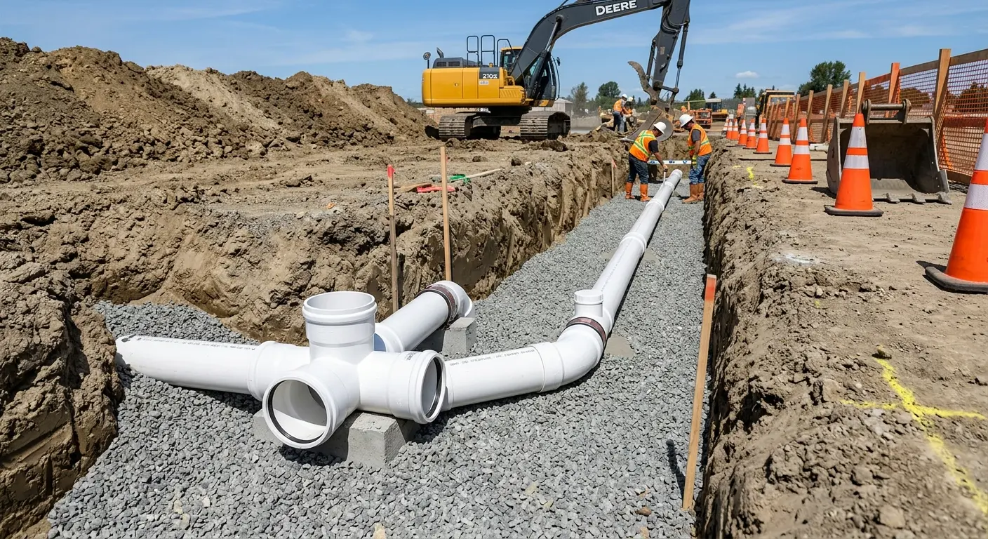 New PVC sewer pipe installation in open trench for Commercial Drain Cleaning in Westampton