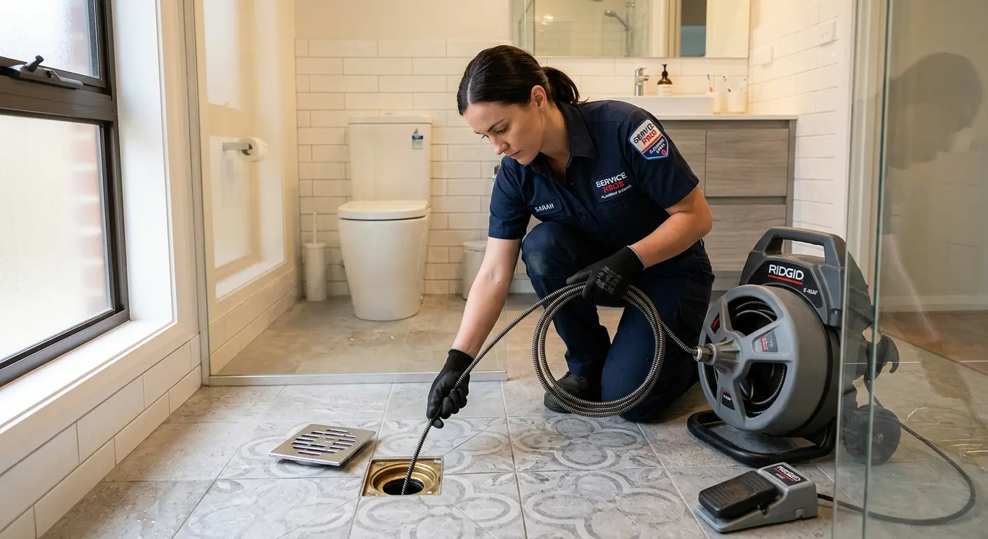 Technician clearing a bathroom floor drain for Drain Repair in Westampton